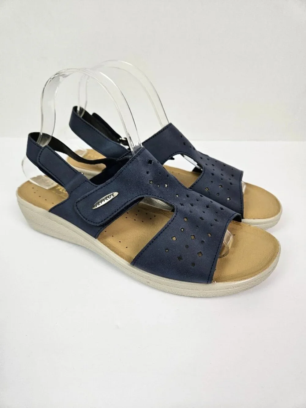 Fly Flot Piumatech Perforated Navy Blue Faux Leather Strappy Wedge Sandal 41/9.5